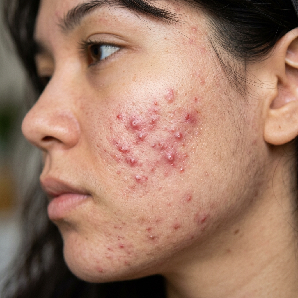 Foto de antes do tratamento de acne ativa e marcas inflamatórias